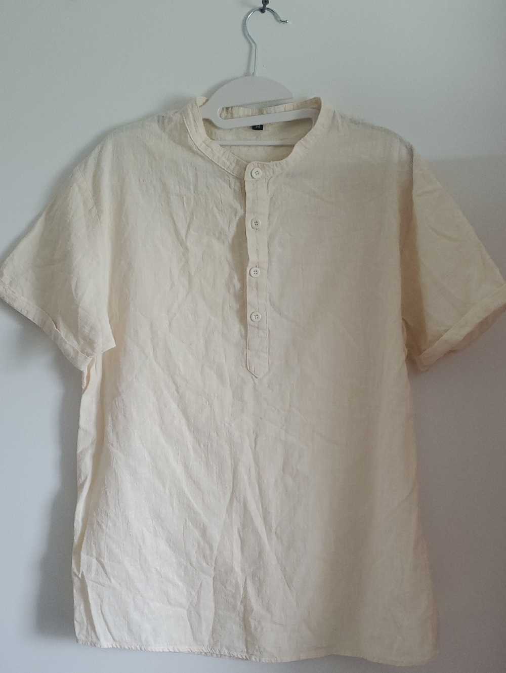 Men's Cream Short-Sleeve Henley Shirt 95 Cotton And 5 Linen Formal Casual Size M